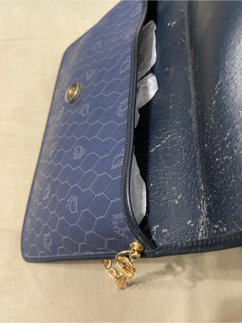 Vintage DIOR Oversized Clutch Bag Wallet Navy Honeycomb Chain Added - Picture 13 of 16